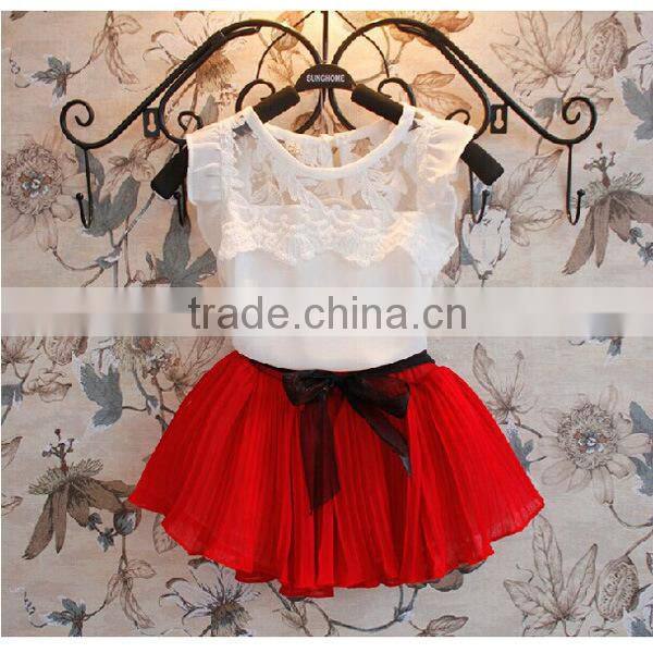 2015 new children chiffon skirt with white tshirt set cheap baby girls clothing set wholesale girls chiffon clothing