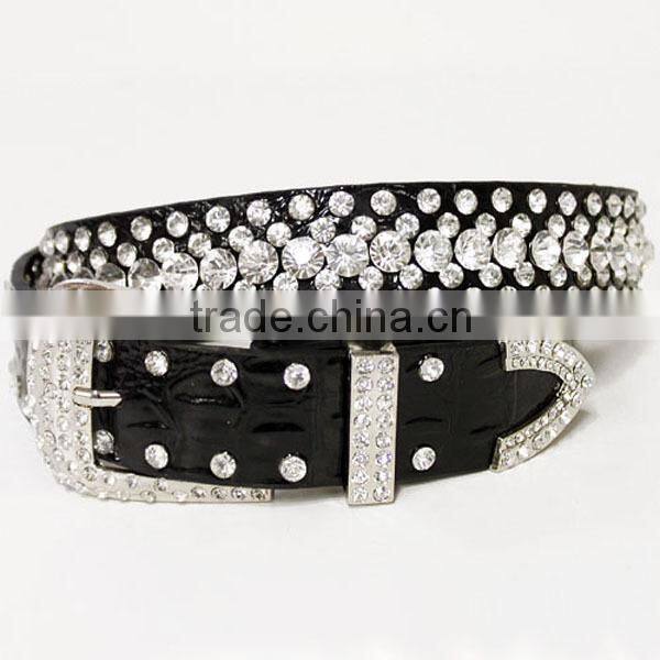 Wholesale Women's One Line Rhinestone Orange Leather Stud Accent Belt