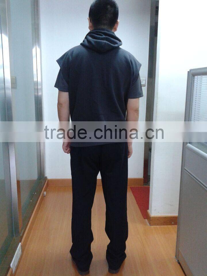 mens 100% cotton plain sleeveless hoodie with earphone