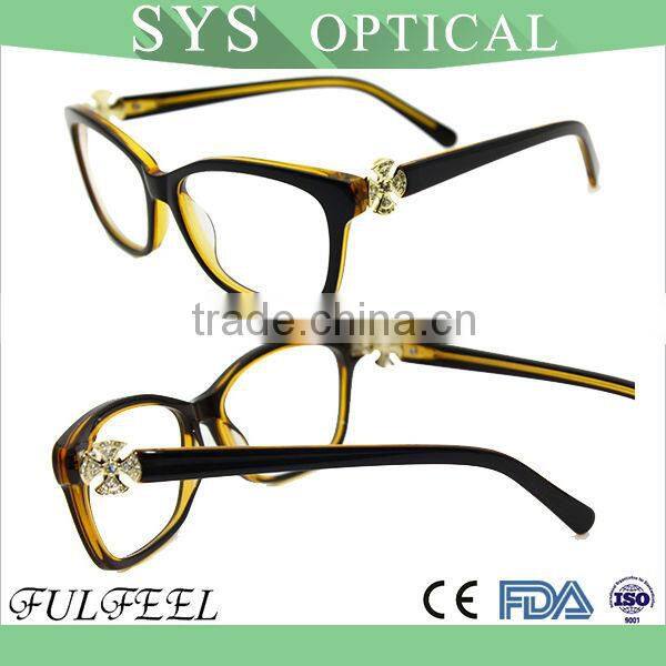 Most popular lady fashion acetate spectacle optical frame with flower diamond