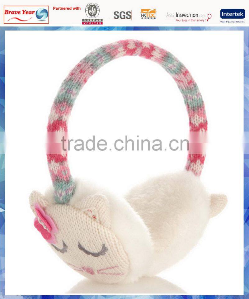 sleeping fairisle cat knitted animal earmuffs with 3D butterfly cosage