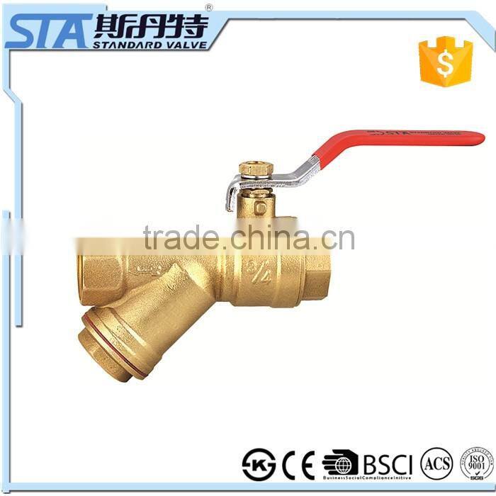 ART.1069 1/2 3/4 1 inch forged sand balsted and brass natural color cw617n brass ball valve with y strainer price made in china