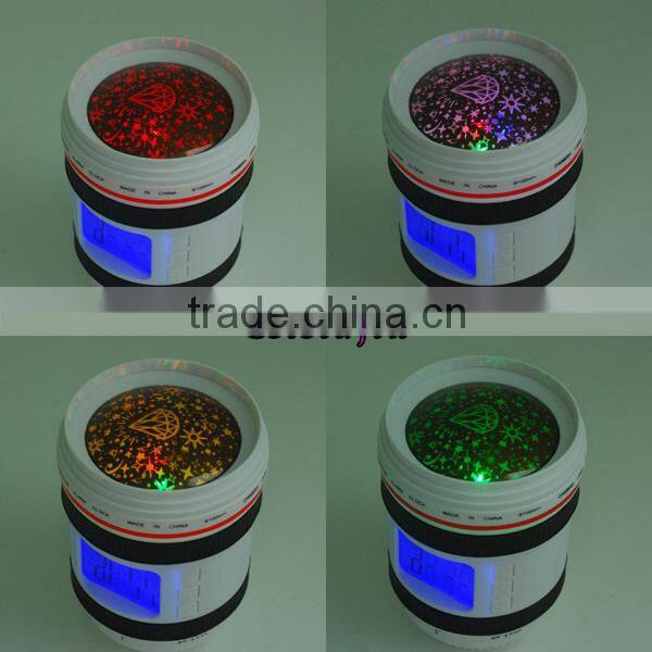 2015 newest design Camera Lens Shape LED star colorful projector musical night light for baby calendar Alarm Clock