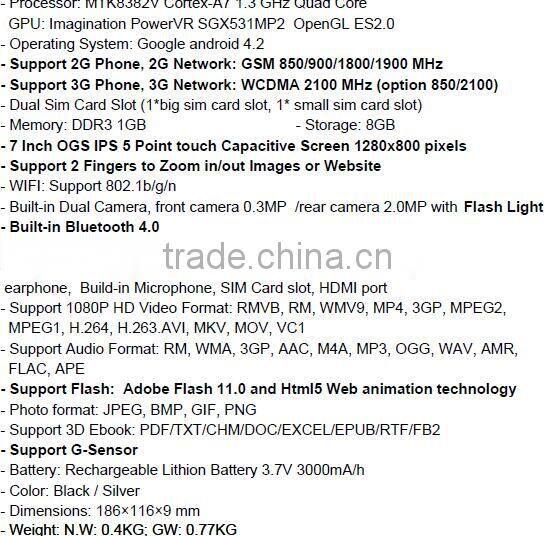 7 inch IPS 1280x800 pixels android 4.2 Tablet PC with two camera