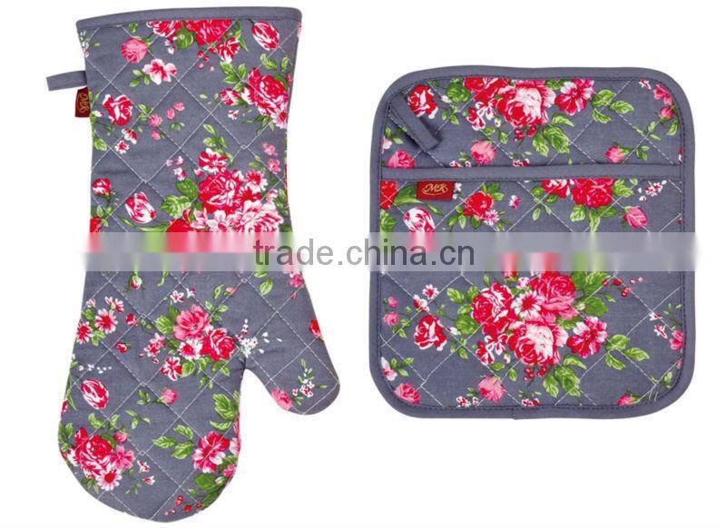 2015 HIGH QUALITY NEW DESIGN PRINTING FLOWERS AND PLANTS COTTON (OVEN MITT& POT HOLDER) KITCHEN SET MK-1502&1506