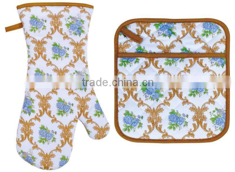 2015 HIGH QUALITY NEW DESIGN PRINTING FLOWERS AND PLANTS COTTON (OVEN MITT& POT HOLDER) KITCHEN SET MK-1502&1506