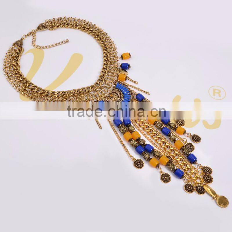 Factory Directly Wholesale New Arrive Bohemian Turquoise Coins Tassel Necklace Chunky Statement Necklace