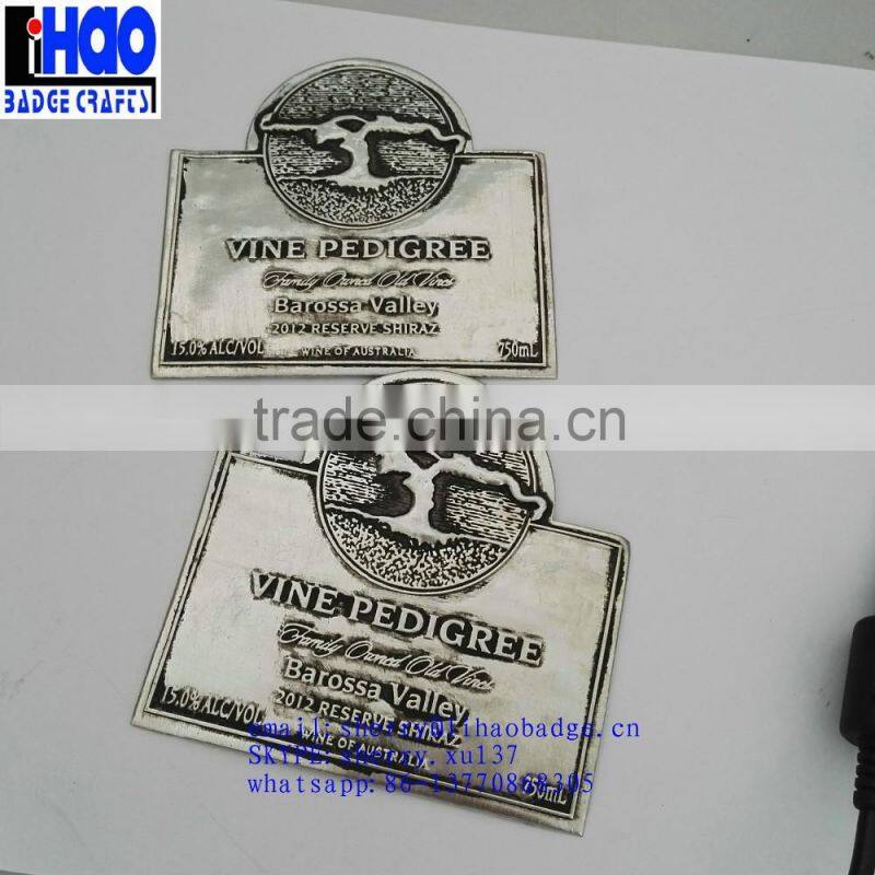 custom aluminum tin pewter embossed bottle labels,metal wine label,wine metal sticker