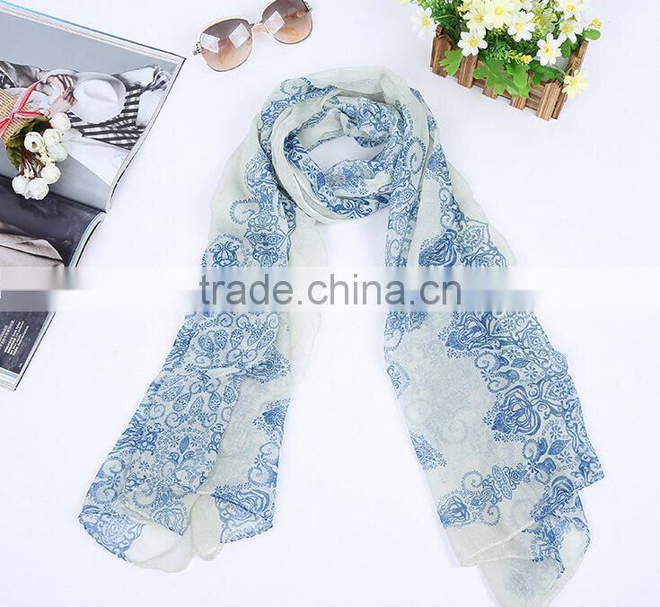 High quality Blue and White Porcelain Style Thin Section the Silk Floss Women Scarf Shawl