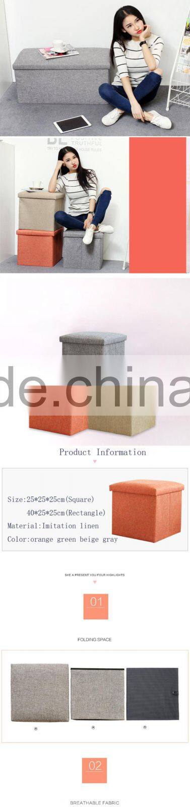 Orange Linen Rectangle Folding Seat Foot Stool Storage Box