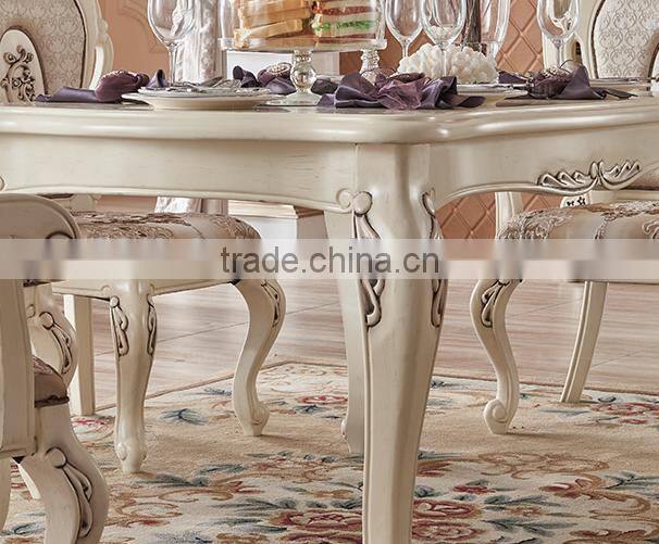 New classic solid wood dining room furniture ivory white antique finished dining table set