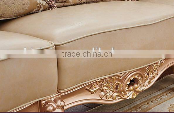 Champagne gold flower carving genuine leather sofa set