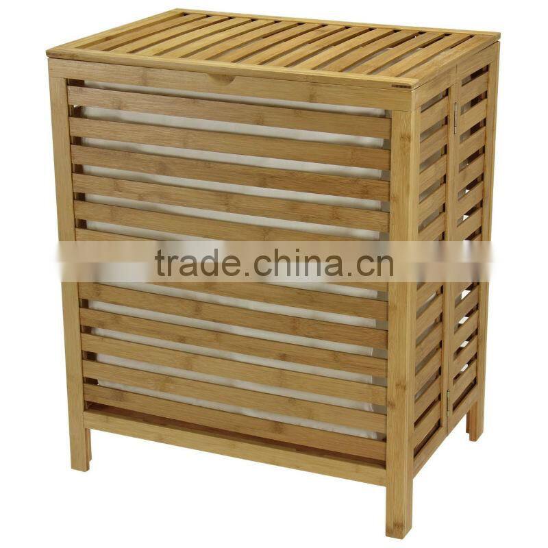 Natural Bamboo Open Slats Laundry Hamper with Hinged Lid and Cotton Liner