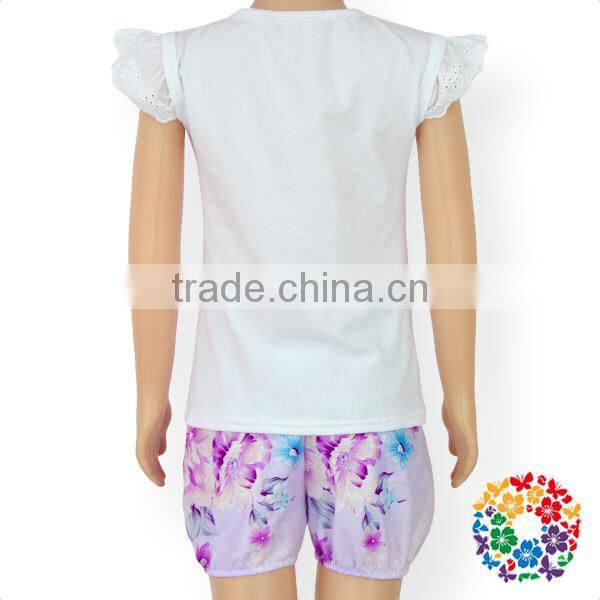 boutique summer baby girls purple floral heart flutter sleeve shirt shorts matching clothing set