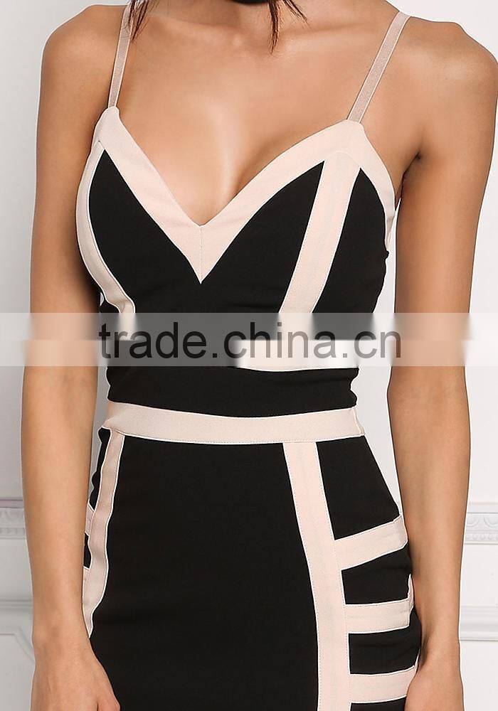 Sexy Black Two Tone Plunge Spaghetti Straps Bodycon Dress Girls Night Club Dress Photos Without Dresses HSD5930