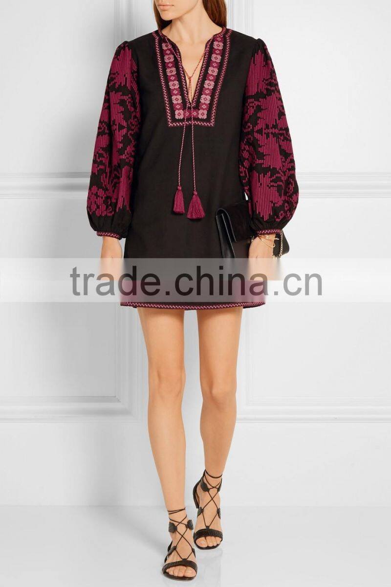 Ukrainian Boho Clothing Embroidered Cotton Mini Dress Machine Embroidery Intricate Plum Pattern And tasseled Ties 2016 HSD5690