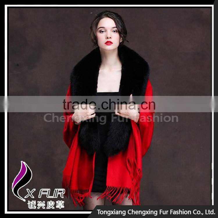 CX-B-P-18E New Style Fox Fur Trim Black Shawl