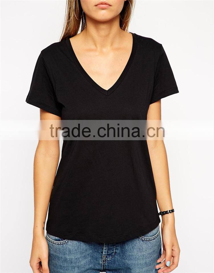 OEM service 100% cotton v neck short sleeve women t shirt plain no brand t-shirt