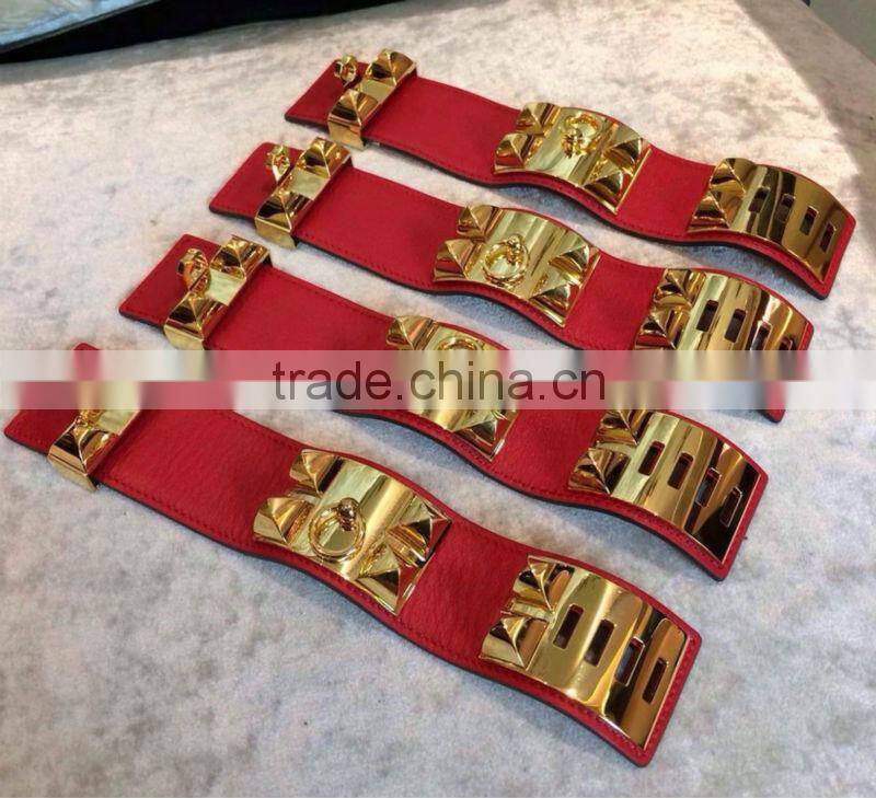 Metal tangerine litchi grain leather bangle bracelet