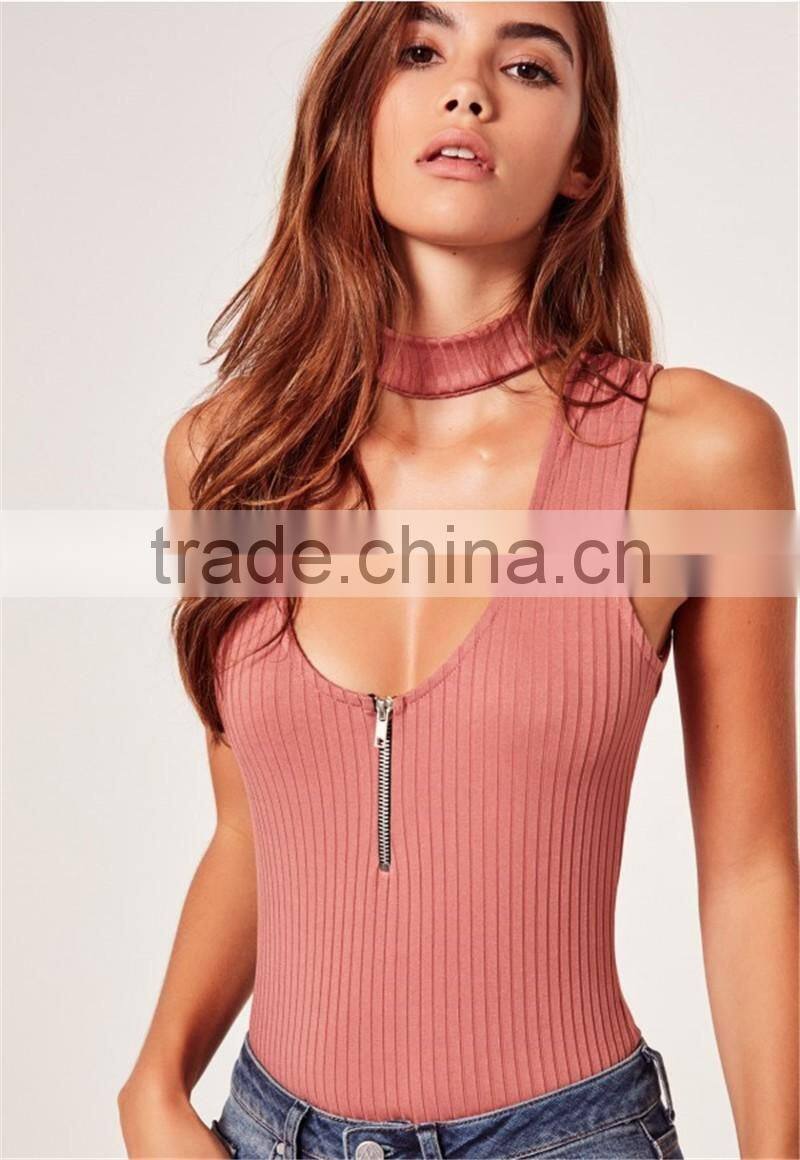 MGOO Elegant 95% Cotton 5% Spandex Bodysuits Ribbed Choker Neck Pink Tops Sleeveless Zip Up Tops