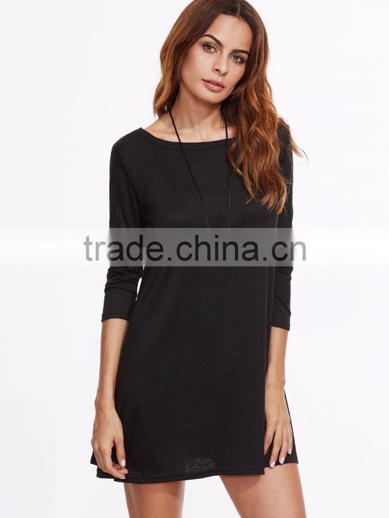 Custom Black Long Sleeve Tee Dress Cotton Spandex Casual Boat Neck Plain Short Tee Dress