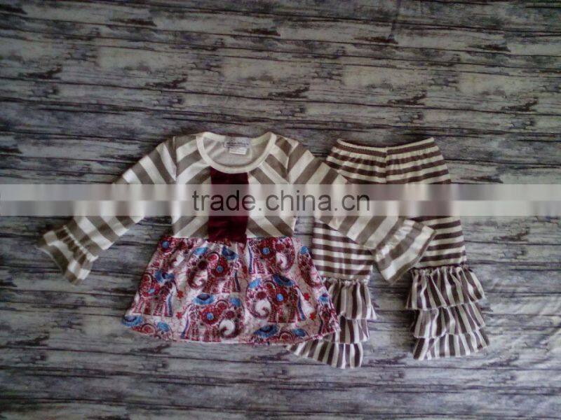 2016 Whosale girl boutique outfits kids Spring clothing sets girls long sleeve and ruffle pant set