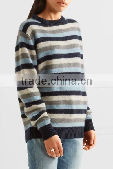 2017 New Design Mid-High Crew Necked Colorblocked Striped Girls Long Sweater