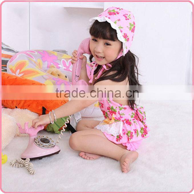 Hot Sale 2016 Girls Bikinis Cherry Printed Baby Kids Lace Toddle Swimwear With Hat Infant Bathing Suits Hot Sellers SR40416-1P