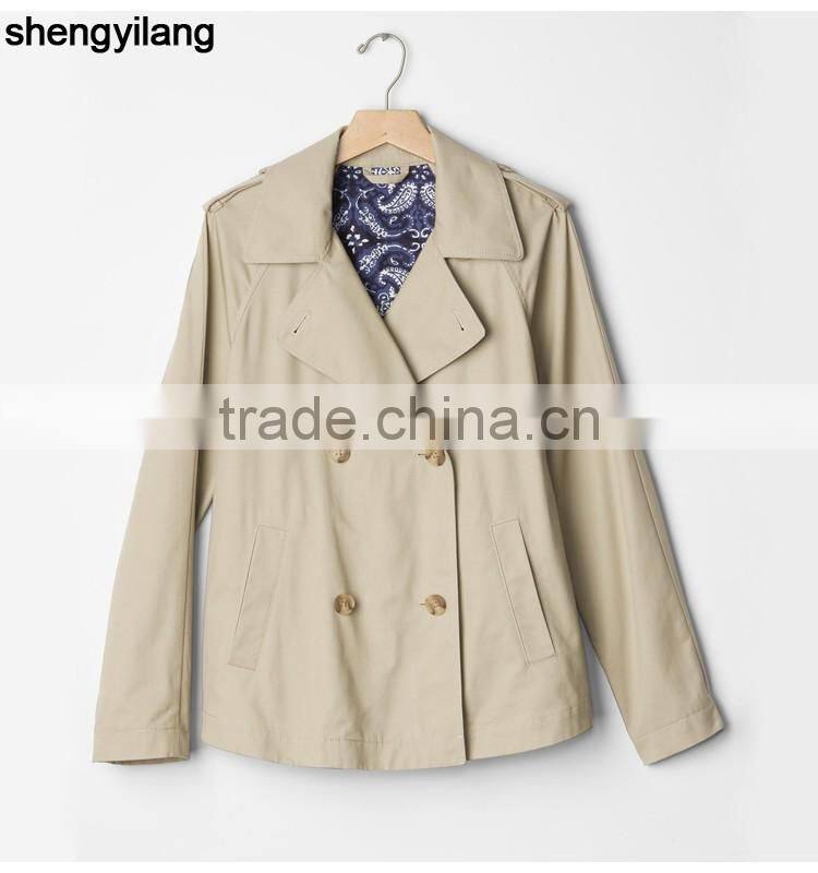 Crisp 100% cotton classic double-breasted short coat custom high quality fashion women windbreaker guangzhou manufacturer