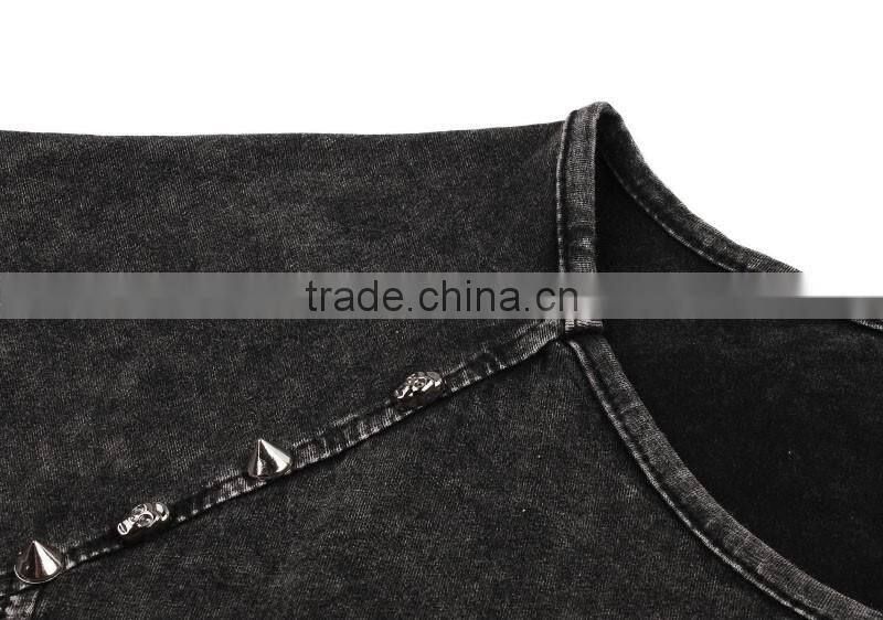 Women's hollowed-out short sleeve washed vintage 100% cotton t shirt with rivets