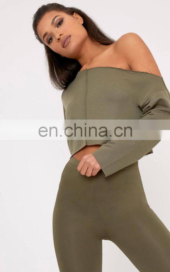 Custom High Quality Women 100% Polyester Khaki Off Shoulder Cropped Sweatshirts