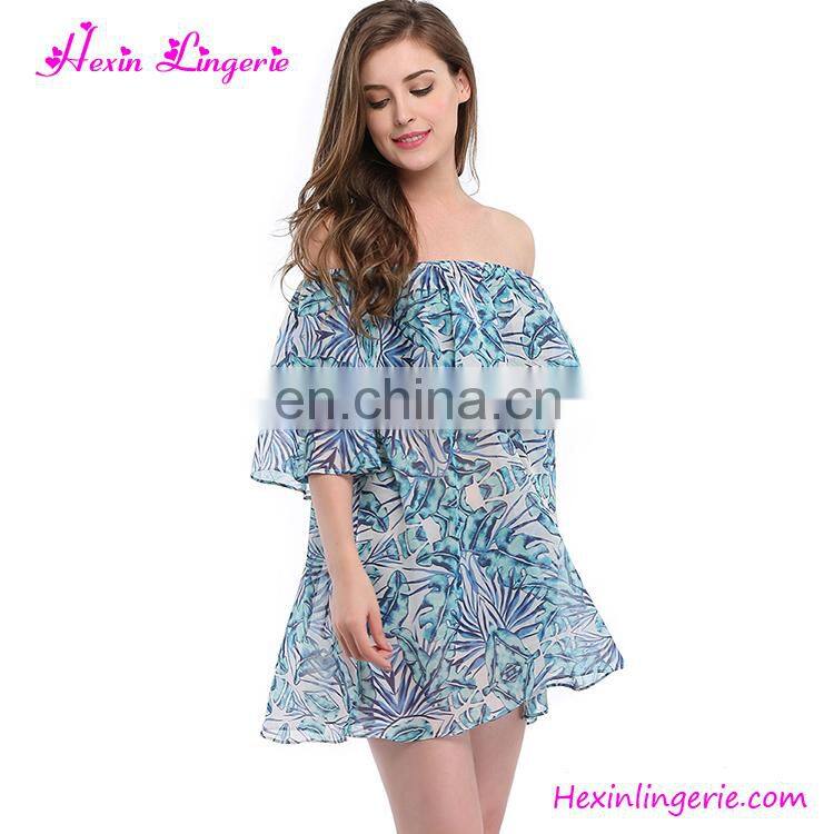 Blue Printing Off Shoulder Short Bohemian Clothing Boho Dress