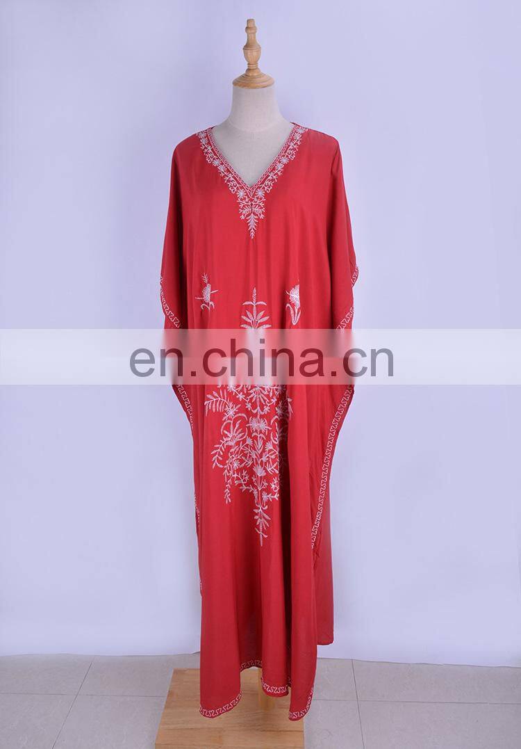 2019 Red Bohemian Floral Embroidered Loose Summer Beach Dress Moroccan Caftan Plus Size Women Street Wear Midi Dress Sarong