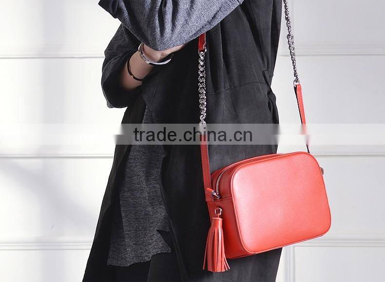 2016 new design ladies leather chain bag with tassel leather cross body bag women leather camera bag