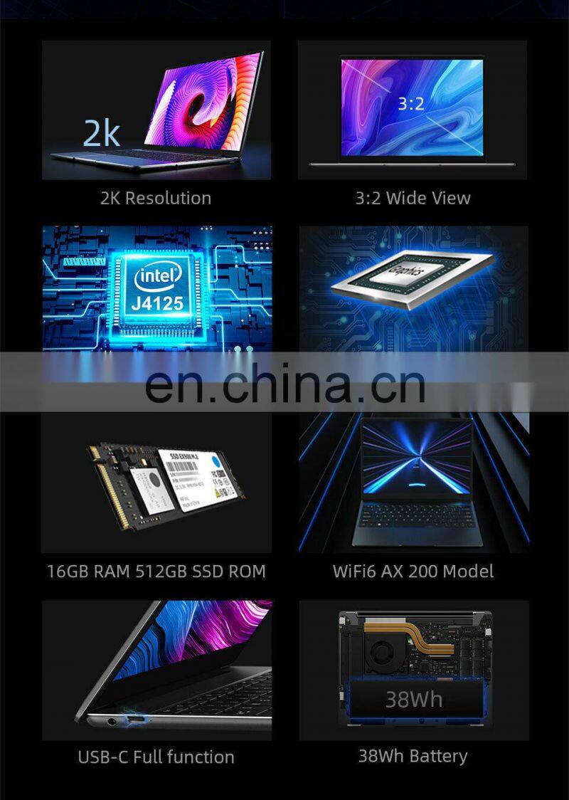 GemiBook Pro 14 inch 2K laptops 8GB 256GB Celeron J4125 Quad Core Win10 Netbooks with Backlit Keyboard Laptop