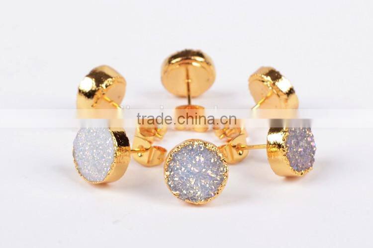 10mm round natural agate titanium AB druzy stone stud earrings