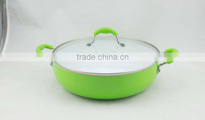 Cheap Aluminum ceramic nonstick shallow green casserole pot with lid