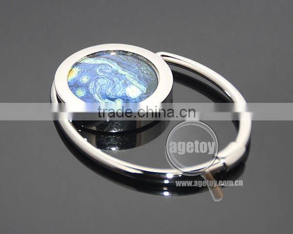 Round Shaped Starry Night Painting Portable Folding Alloy Purse Handbag Hook Metal Swivel Handbag Holder Shopping Bag Hanger