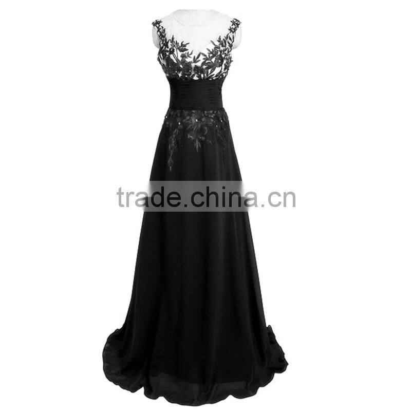Women's Simple Black O-Neck Print Chiffon Floor-Length dress