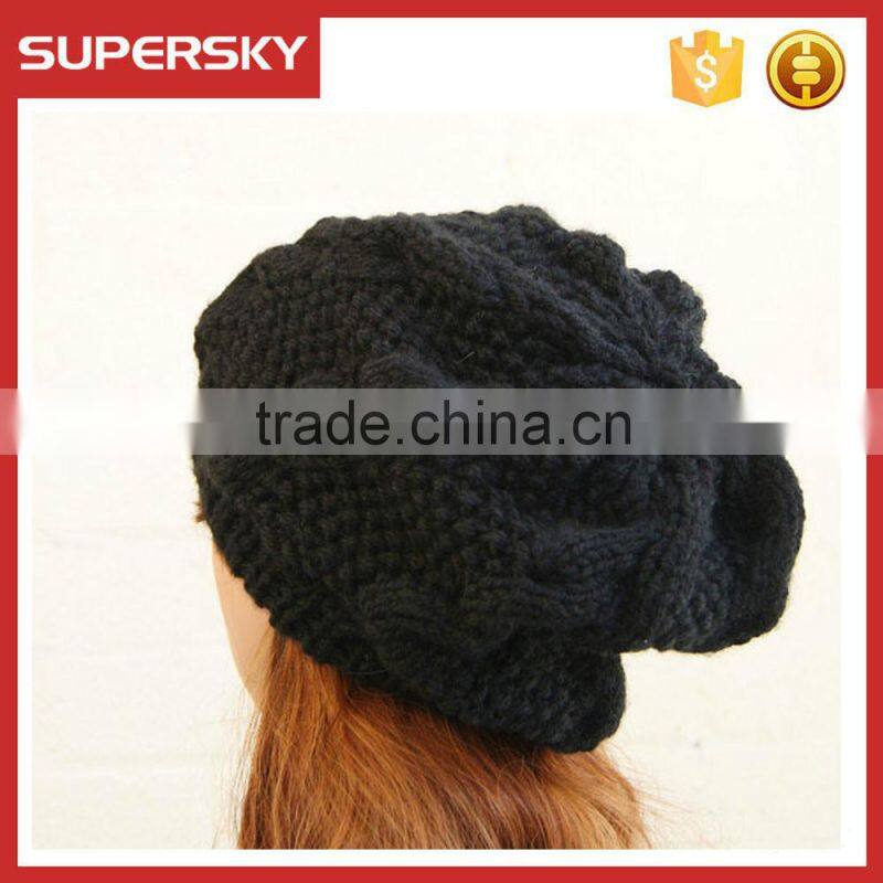 V-22 Chunky knit cable baggy beanie in black slouchy knit pattern plain winter hat