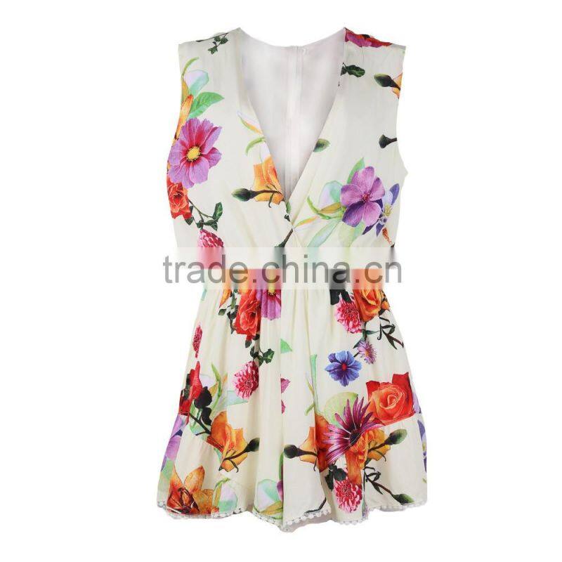 Women Floral Print Jumpsuit, Deep V Neck Printed Romper with Ruffles Hem