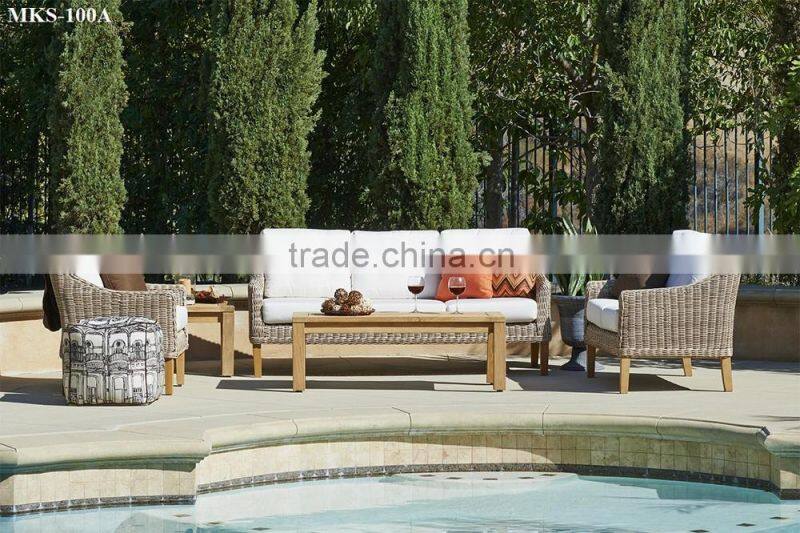 Wooden sofa set wicker poly rattan patio garden sofa furniture (1.2mm thickness aluminum frame, hand woven)