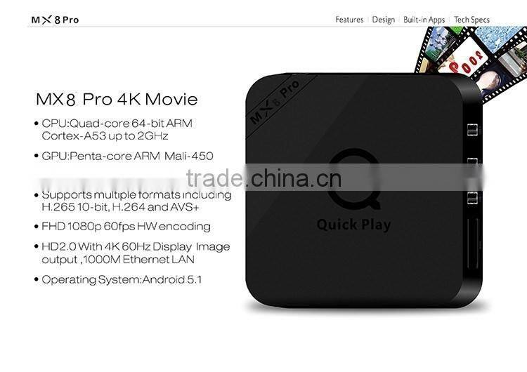 Quick Play Smart TV Box MX8 Pro Android 5.1 TV Box S905 Quad Core TV Box Accept Paypal mx8 pro 4K media player