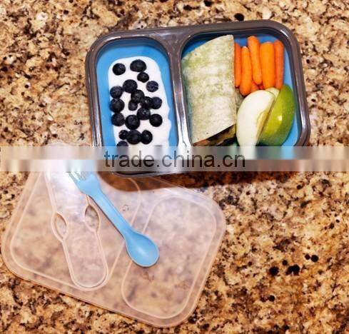 FDA 2 Compartment Food Storage Container and Collapsible Silicone Lunch Box with Utensil Included
