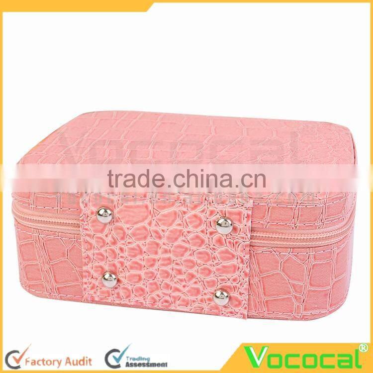 PU Leather Cosmetic Makeup Box Case Toiletry Organizer Storage Handbag With Mirror Crocodile Pattern Pink