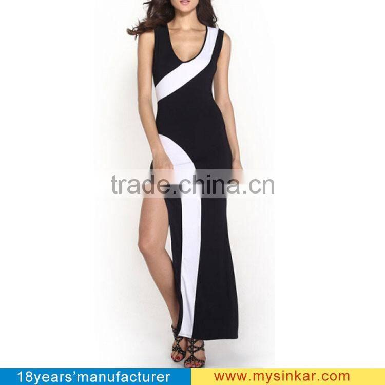 2016 New Ladies Sexy Sleeveless High Split Round Neck Cut Out Long black&white Ball Gown maxi Evening party dress