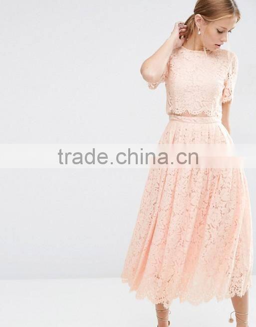 Pink lace crop top and puff skirt wedding dress Girl's short sleeve prom two piece set