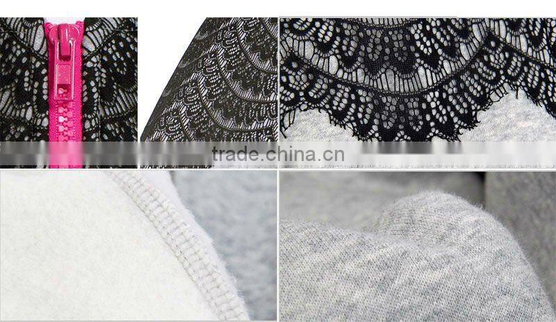 wholesale custom designs fashion sportswear zipper up women hoodies sweatshirt with lace decoration winter warm hoody