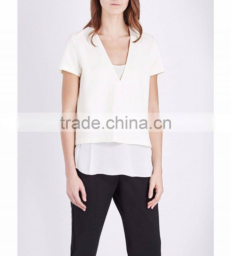 Wholesale Women V-neck Short Sleeves Stretch Crepe Detachable Silk Georgette Camisole(DQE0176T)