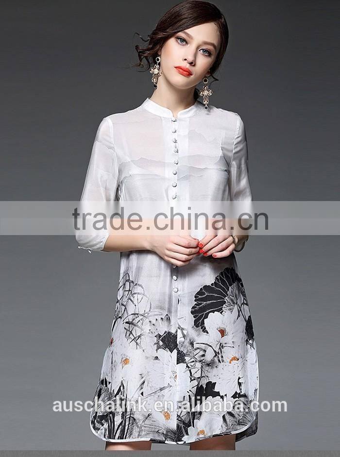 2016 newest summer woman white long chinese silk shirts OEM service